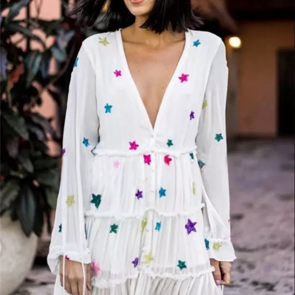 Sandy Stars Boho Embroidered Long Maxi Gown In White Rainbow Stars 5⭐️Rated - Picture 9 of 13